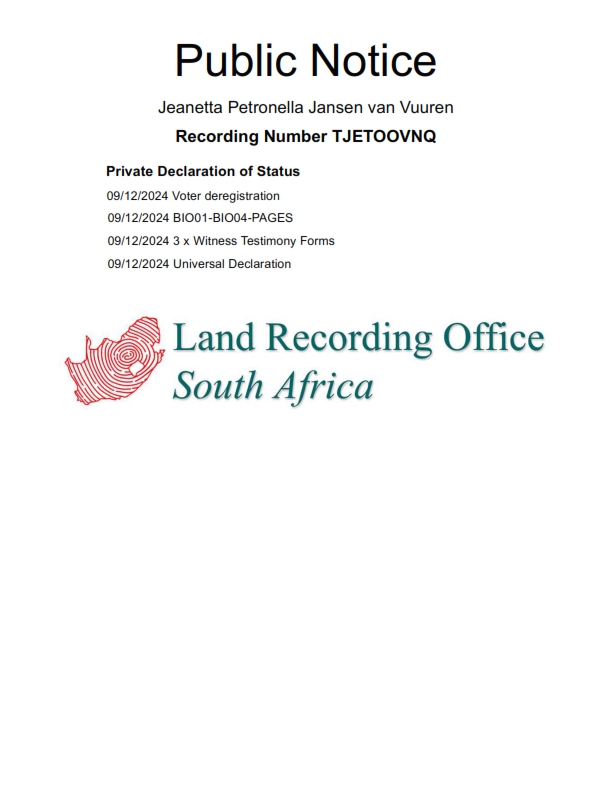 Public notice Jeanetta Petronella Jansen van Vuuren Recording Number TJETOOVNQ